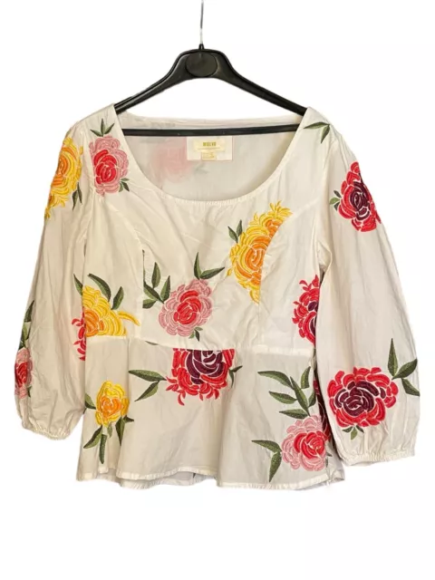 ANTHROPOLOGIE Maeve Womens Floral Embroidered Blouse Puff Sleeves Boho Size 2