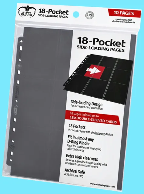 10 ULTIMATE GUARD 18-POCKET GREY SIDE LOADING Card Pages Storage Sheets Binder