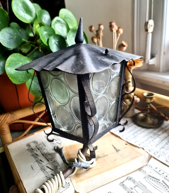 Vintage Rustic Wrought Cast Iron Cut Glass Porch Wall Light Sconce MId century