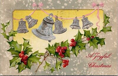 A Joyful Christmas Silver Bells Holly c1908 Embossed Winsch Back Postcard