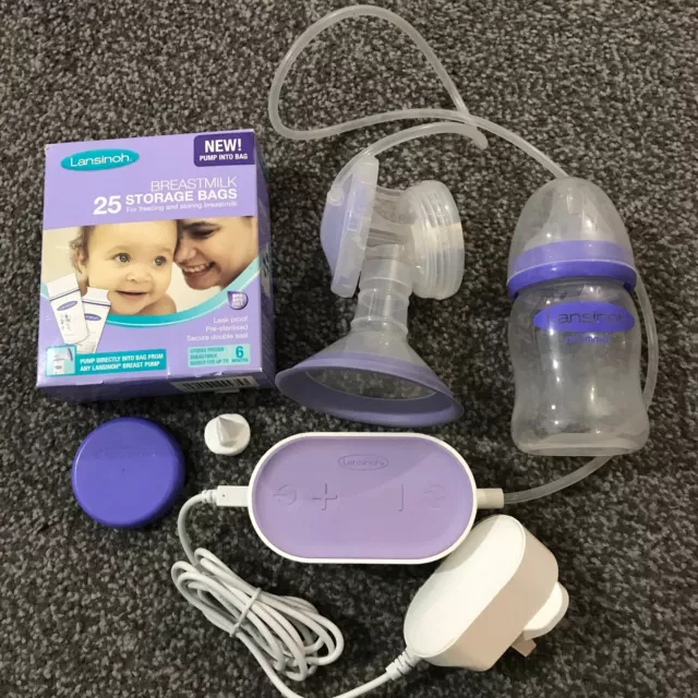 USED Lansinoh Breast Pump Compact Single Electric Breastpump +9 milk bags