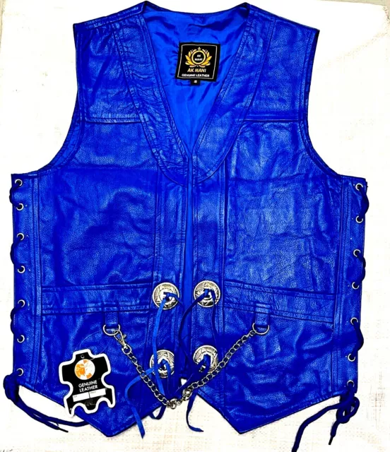 Mens Blue Original COW LEATHER Vest Chain Concho Motorcycle Biker Waistcoat