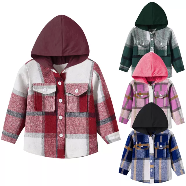Toddler Boys Girls Shirt Coat Jacket Plaid Long Sleeve Kids Tops Hooded Outwear