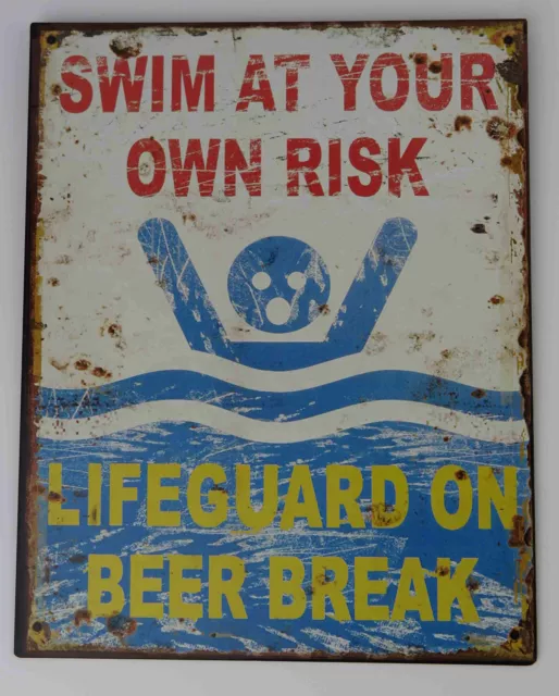 Letrero de Metal Gracioso Cartel Advertencia Swim At Your Own Risk Nostalgia Bad