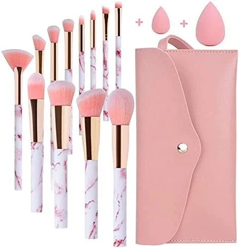 12Pcs Set di pennelli per trucco in marmo rosa e borsa per il trucco.