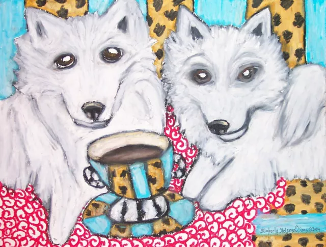 American Eskimo Dog drinking coffee art print 8.5 x 11 signed by artist KSams