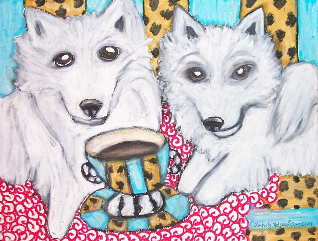American Eskimo Dog drinking coffee art print 8.5 x 11 signed by artist KSams