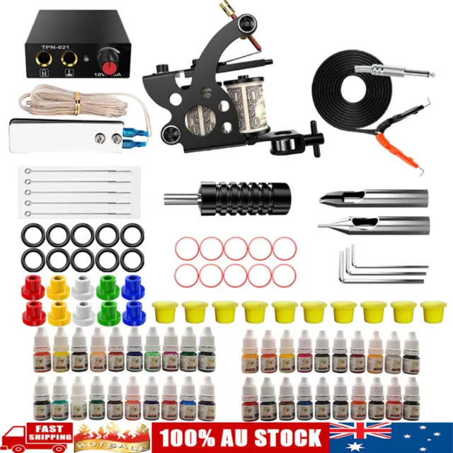 Beginner Tattoo Kit Set Machine Gun 40 Colors Ink Power Supply Needles Grip Tips