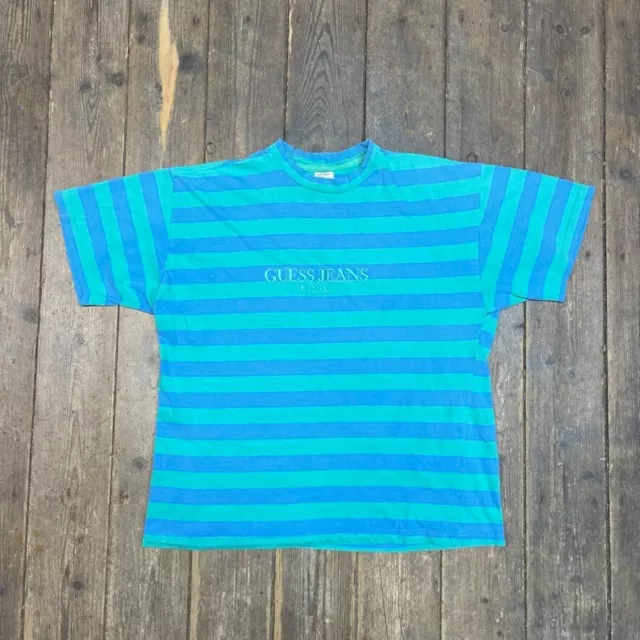 Guess Jeans T-Shirt Y2K Striped Spellout Vintage Tee, Blue, Mens Large