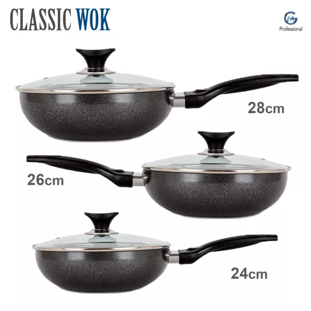 24cm - 28cm Non-Stick Wok With Lid Cast Iron Fry Pan Deep Cooking Frying Stir