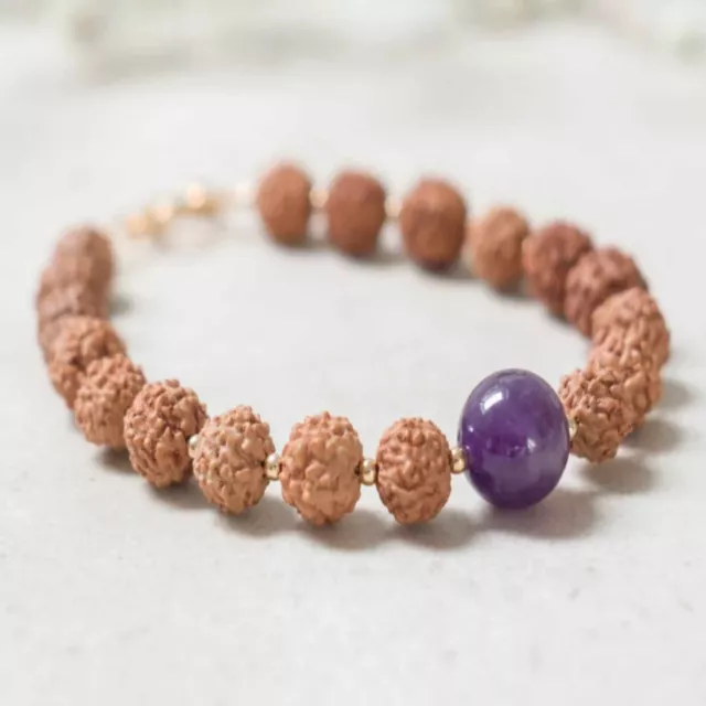 Natural 6mm brown Rudraksha 10mm Amethyst 14K Gold fill bracelet Chain