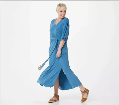 Haute Hippie Tribe Knit Maxi Fringe Dress Slate Blue XL New