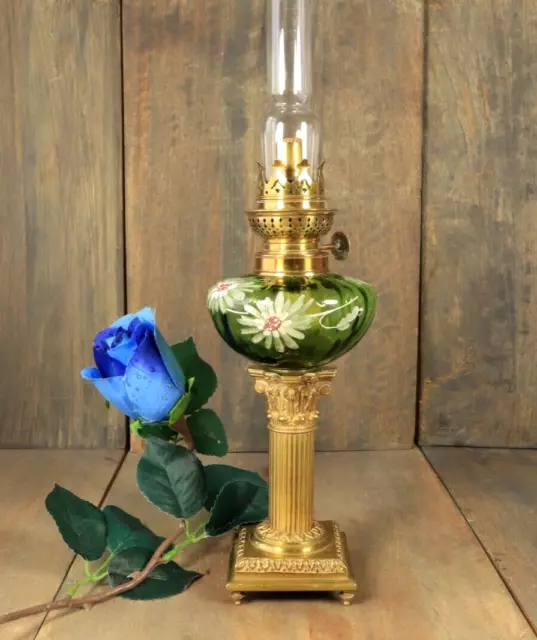 Antique Victorian French Table Oil Lamp Enameled Green Glass Font Gilt Bronze