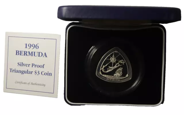 1996 Bermuda $3 Silver Proof Triangle Coin Elizabeth II W/ Box & COA KM#92