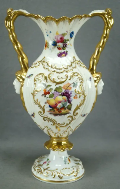 Davenport Hand Painted Flowers Fruit & Gold Rococo Scrollwork Figural Heads Vase