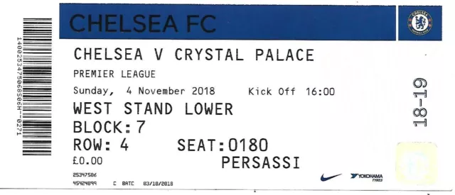 CHELSEA v CRYSTAL PALACE 4th NOVEMBER 2018. (CHELSEA MATCH DAY TICKET).