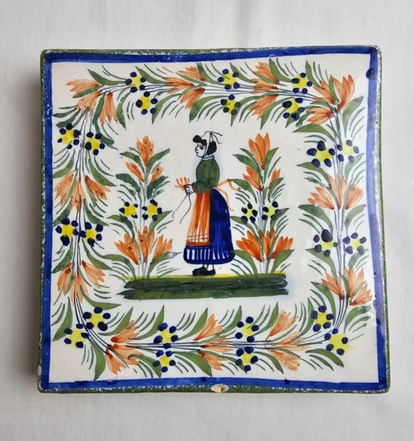 Vintage Henriot Quimper Art Pottery Footed 6" Tile Trivet