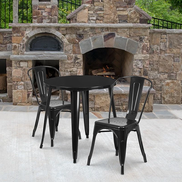 MCommercial Grade 30" Round Black Metal Indoor/Outdoor Table Set w/2 Cafe Chairs