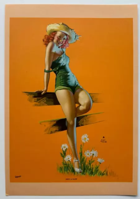 She's A Daisy, Vintage 1940s Earl Moran Pin-Up Print, Leggy Redhead Farm Girl