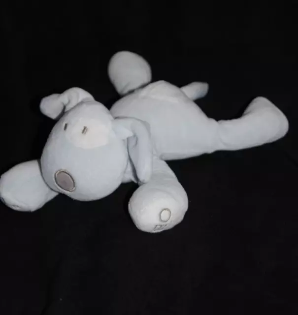 Peluche doudou chien bleu OBAIBI OKAIDI nez gris cocard blanc couché TTBE