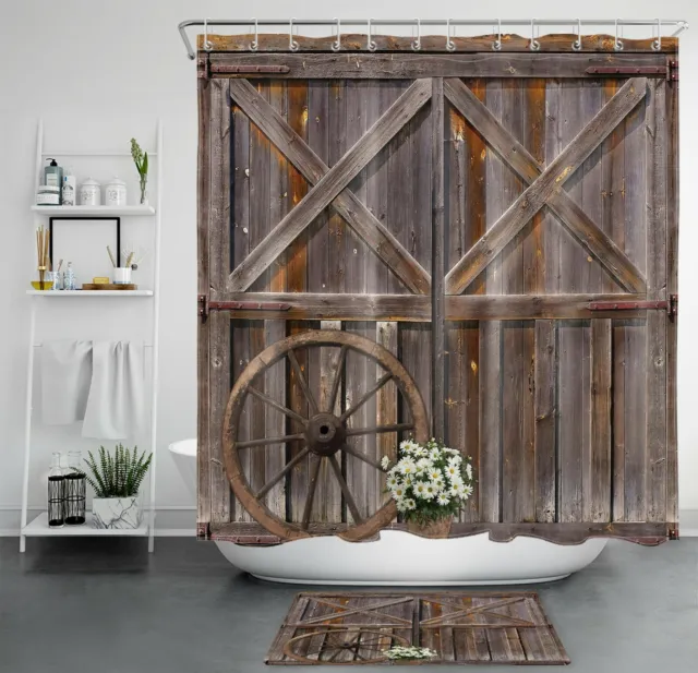 Rustic Wooden Barn Door Daisy Flower Retro Shower Curtain Set for Bathroom Decor
