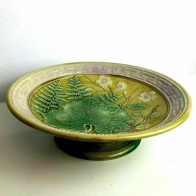 Antique 19th C Majolica Greek Key Leaf Fern & Cherry Compote Tazza