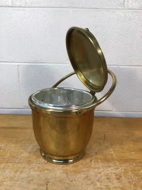 Vintage Brass Glass Lined Hinged Lid Ice Bucket Very Nice