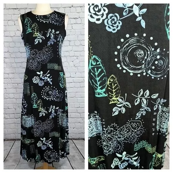 Coldwater Creek Travel Knit Maxi Dress Fish Floral Tropical Print M Petite VTG