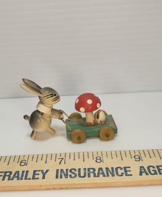 Vintage Goula Spain Bunny Rabbit Pushing Mushroom Cart Wood Mini Figurine Kitch