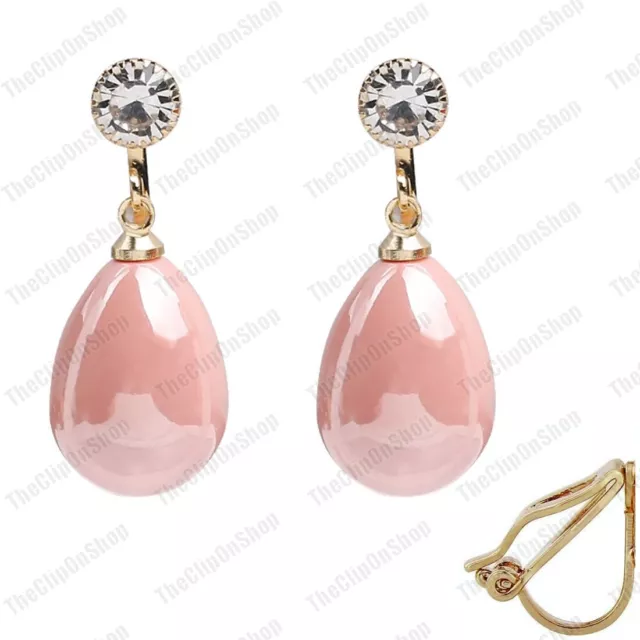 CLIP ON non-pierced PINK PEARL drop EARRINGS crystal retro pearly TEARDROP clips