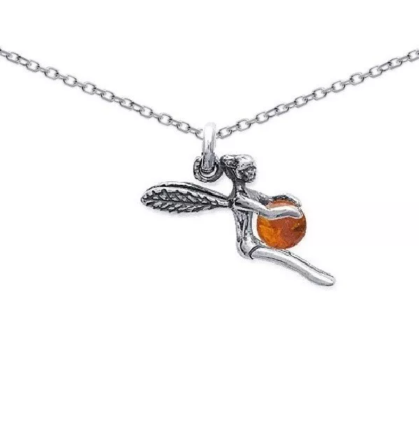 PENDENTIF Fée clochette ARGENT & AMBRE NEUF + CHAINE Forçat  50 cm