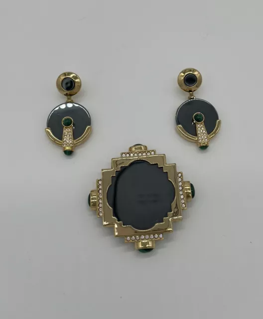 Pin And Matching Earrings Set Hematite Malachite Gold Toned Frame