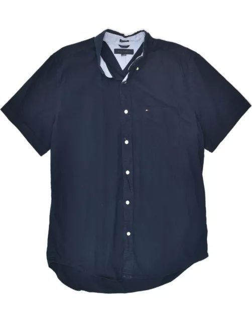 TOMMY HILFIGER Mens Classic Fit Short Sleeve Shirt Large Navy Blue Cotton BC07