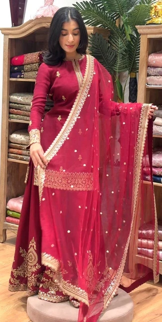 Abito Indiano Salwar Kameez In Seta Banarasi – Vestito Cucito Pronto Con Dupatta, Colore Viola, Taglia Unica