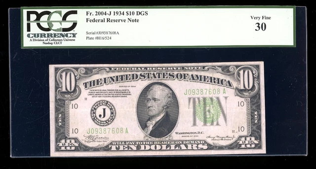 DBR 1934 $10 DGS FRN Kansas City Fr. 2004-J PCGS 30 Serial J09387608A