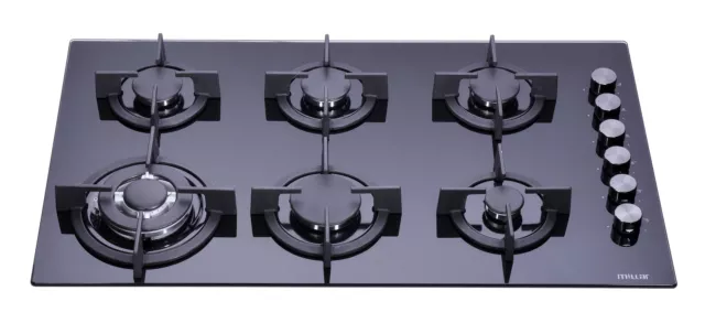 MILLAR GH9061PB 6 Burner Built-in Gas on Glass Hob 90cm - Cast Iron Pan Stands