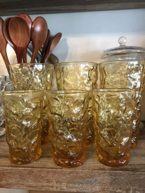 Set Of 6 Milano Amber Honey Gold Crinkle Tumblers Glasses ANCHOR HOCKING