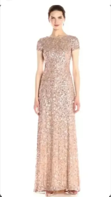 Adrianna Papell size 4 (S) Sequin Maxi Dress Cap Sleeve Boat Neck Rose Gold