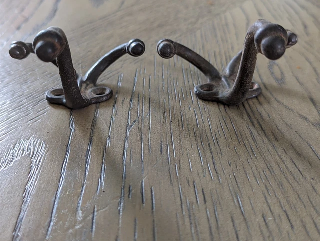 2 Old Acorn Coat Hooks School Farmhouse Antique Primitive Iron Vintage 1900's 2