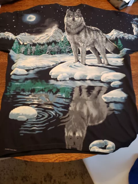 Vntg Liquid Blue Wolf All Over Animal Wild Life Black T-shirt Sz L Double Sided 3