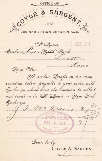 U.S. COYLE & SARGENT,Washington Ave,St. Louis 1901 Headed Paid Invoice Ref 44461