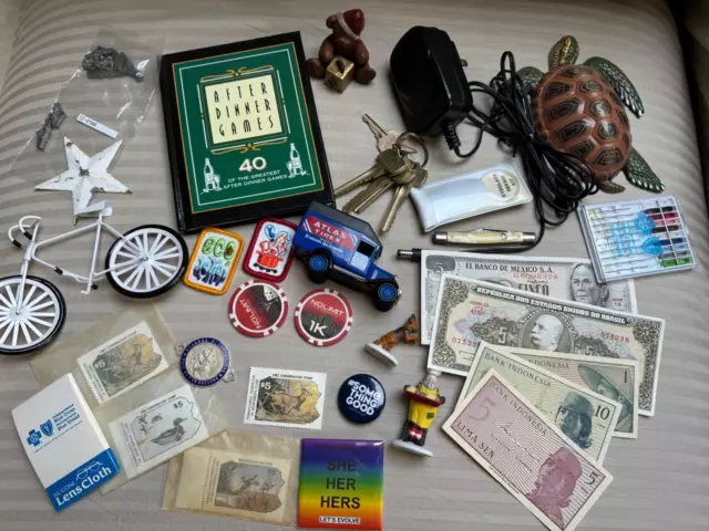 Junk drawer clean out lot 1.75+ lbs old money, stamps, pins, patches, dept 56