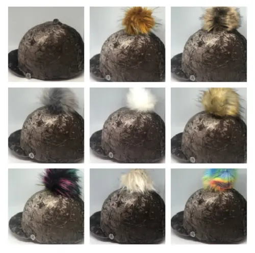 Luxury Crushed Velvet Faux Fur Pompom Riding Hat Silk Cover Equestrian Brown