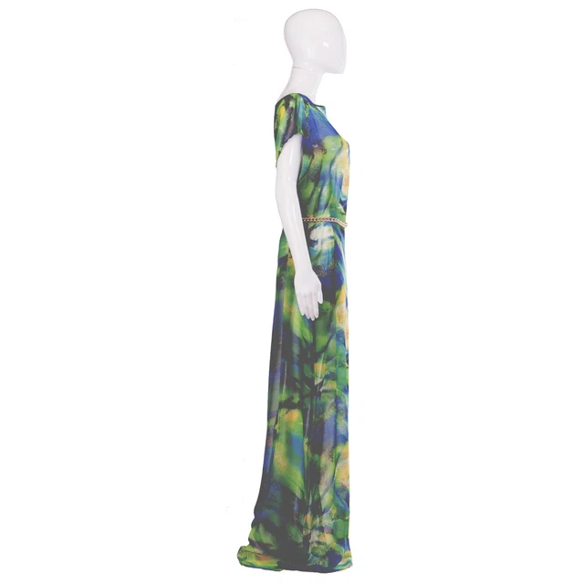 abito donna estivo griff alta moda couture caftano curvy lungo chiffon verde set 2