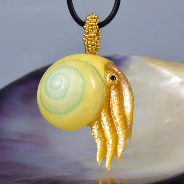 Octopus Pendant Land Snail Mother-of-Pearl Carving & Gold Vermeil Sterling 18g