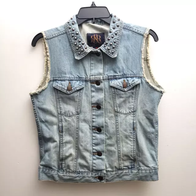 Rock Republic Gunshow Vest Womens MED Light Blue Denim Fray Metal Studs Pockets