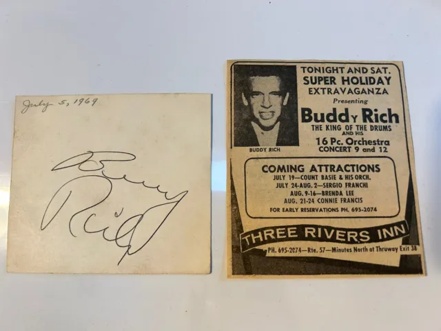 BUDDY RICH MUSIC JAZZ DRUMMER HAND SIGNED AUTOGRAPH And Newspaper Ad - 1969