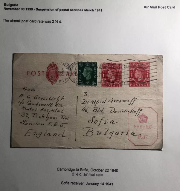 1940 Cambridge England Stationery Censored Postcard Cover To Sofia Bulgaria