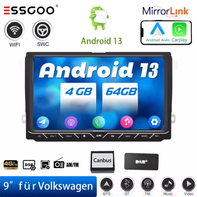 Autoradio 9" Android 13 Carplay 4G 4+64 GB DSP RDS per VW GOLF 5 6 Touran 6R + DAB