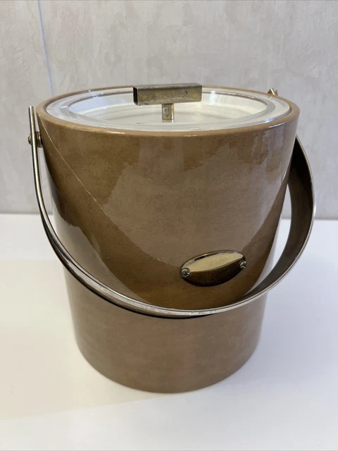 Vintage Mid Century Modern Georges Briard Vinyl Lucite Beige Tan Gold Ice Bucket